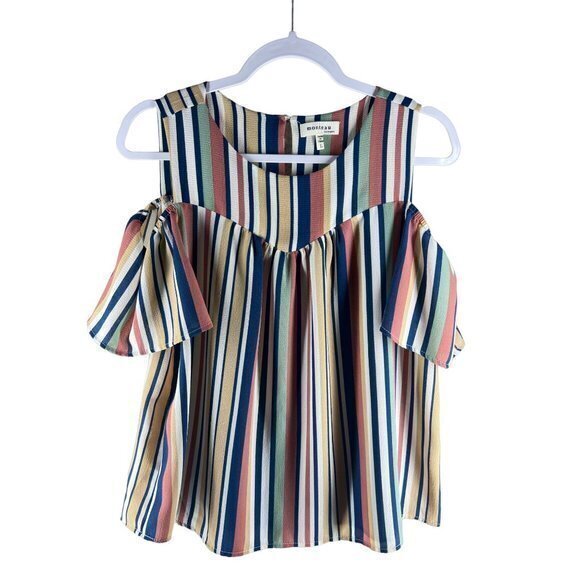Monteau Womens Tops Size L Striped‎ Crepe Cold Shoulder Blouse - Picture 1 of 6